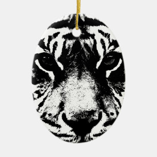 Svartvit tiger julgransprydnad keramik
