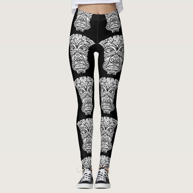 Svartvit Tiki-mask Leggings (Framsida)