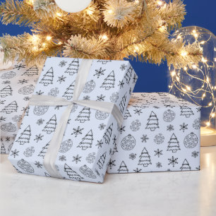 Svartvit Träd Snöflingor Blå jul Presentpapper