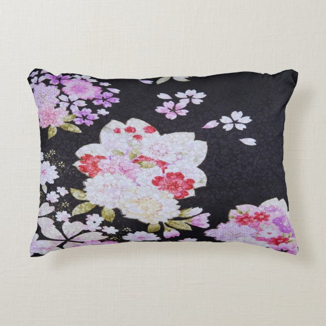 Svartvit, traditionell japansk Blommigt Blommor Prydnadskudde (Framsidan)