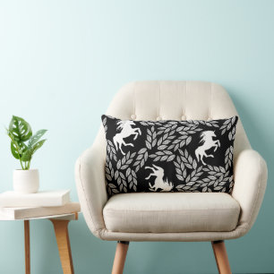 Svartvit Trendig Unicorn & Blommönster Lumbarkudde