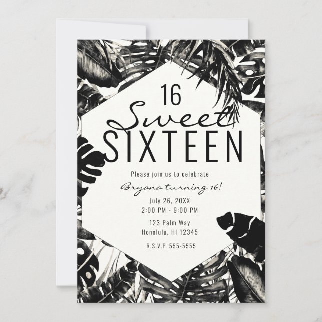 Svartvit Tropical Handflatan Lövs Sweet 16 Inbjudningar (Framsida)
