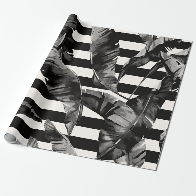 Svartvit tropiskt Löv Presentpapper (Utrullad)