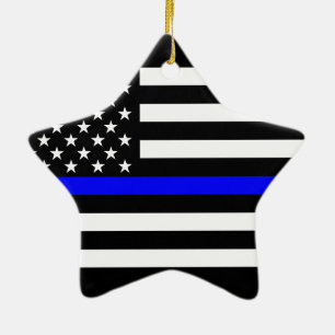 Svartvit tunn blålinjen för USA flagga Julgransprydnad Keramik