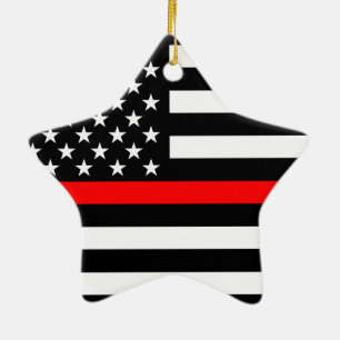 Svartvit tunn röd linje för USA flagga på a Julgransprydnad Keramik