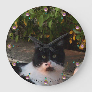 SVARTVIT TURKISK KATT PIERO, rosa Gemstones Stor Klocka