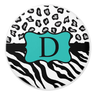 Svartvit turkoise Zebra Leopard Skin Monogram Knopp