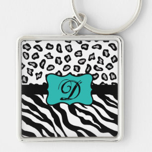 Svartvit turkos Zebra Leopard Skin Monogram Fyrkantig Silverfärgad Nyckelring