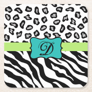 Svartvit turkos Zebra Leopard Skin Monogram Underlägg Papper Kvadrat