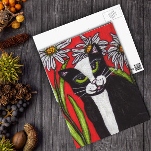 Svartvit Tuxedo Cat White-Daisy Vibrant Red Vykort