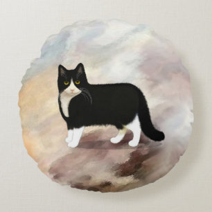 Svartvit Tuxedo-katt Rund Kudde