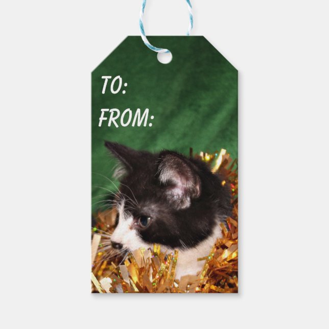 Svartvit tuxedo kattunge-jul presentetikett (Framsidan)