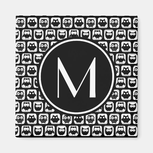 Svartvit Uggla Personlig Monogram Magnet (Framsidan)