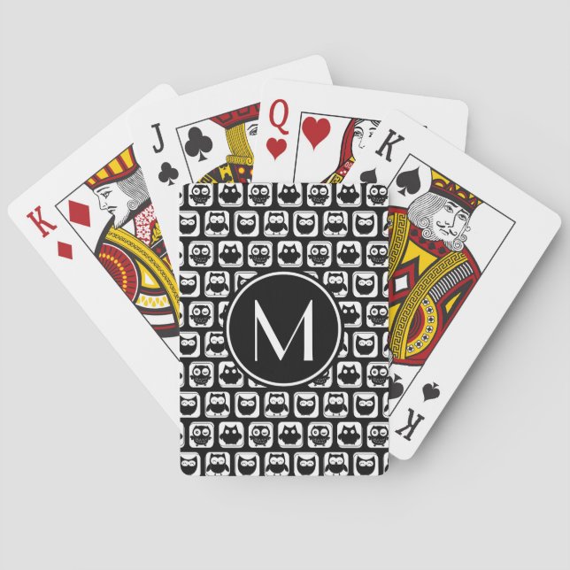 Svartvit Uggla Personlig Monogram Spel Kort (Baksidan)