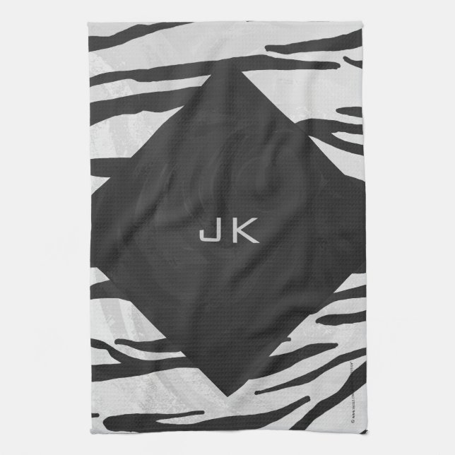 Svartvit utskrift av monogram tiger kökshandduk (Vertikal)