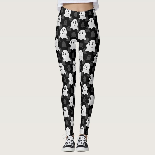 Svartvit utskrift i Cute Ghost Blob Mönster Leggings (Framsida)