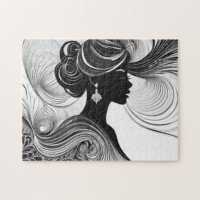 Svartvit, vacker Elegant Silhouette Woman Pussel (Horisontell)