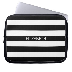 Svartvit Vågrät Preppy Rand Namn Monogram Laptop Fodral
