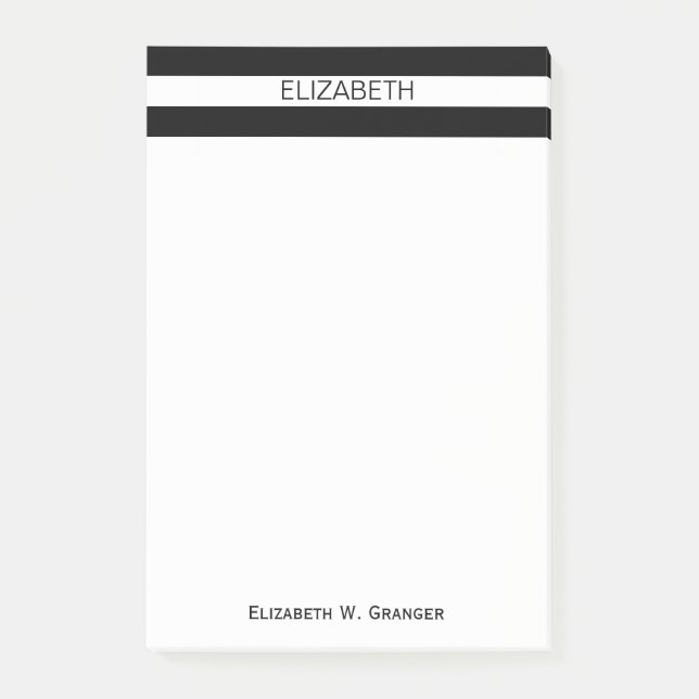 Svartvit Vågrät Preppy Rand Namn Monogram Post-it Block (Framsida)