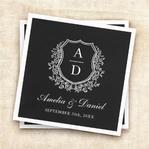 Svartvit Vapensköld Elegant Monogram Bröllop Pappersservett