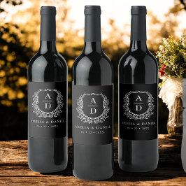 Svartvit Vapensköld Modern Monogram Bröllop Vinflaska Etikett