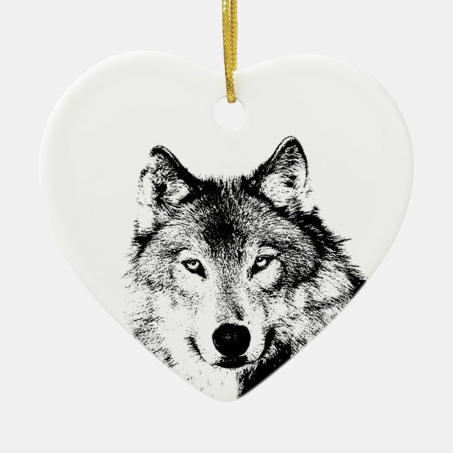 Svartvit Varg Julgransprydnad Keramik (Framsidan)