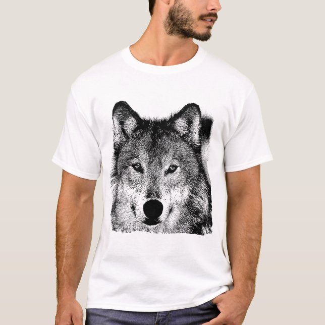 Svartvit Varg Öga-teckning T Shirt (Framsida)