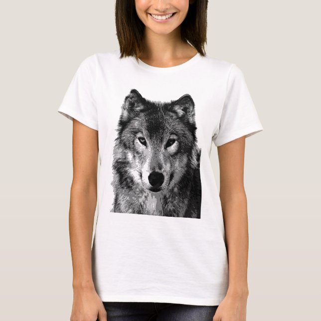 Svartvit Varg Porträtt Tee (Framsida)