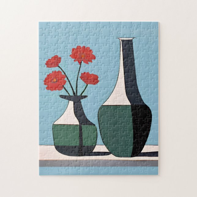 Svartvit Vas med Röda blommor Pussel (Vertikal)