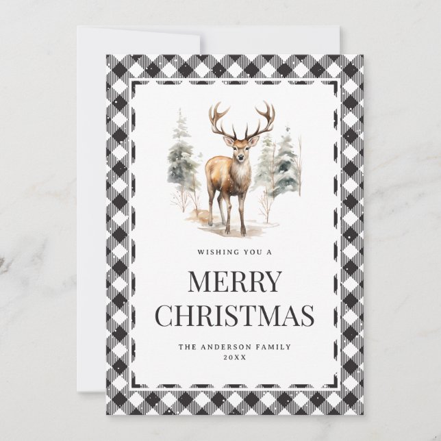 Svartvit vattenfärg Hjort God jul Julkort (Framsida)
