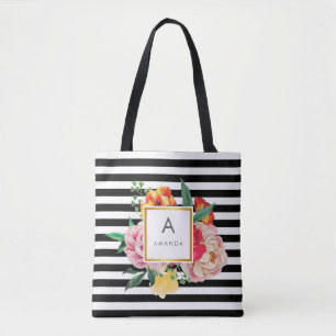 Svartvit vattenfärg Peony Flowers Monogram Tygkasse