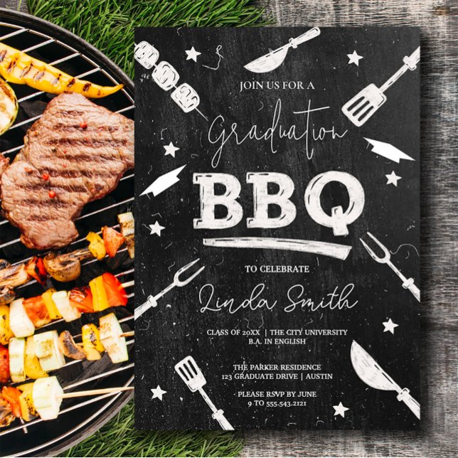 Svartvit vattenfärg Studenten BBQ Inbjudningar (Black White Watercolor Graduation BBQ Invitation #zazzlemade #bbqparty #graduationinvitation)