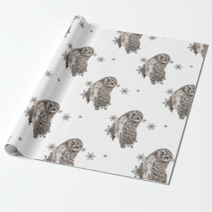Svartvit vattenfärg Uggla Winter Snöflingor Presentpapper