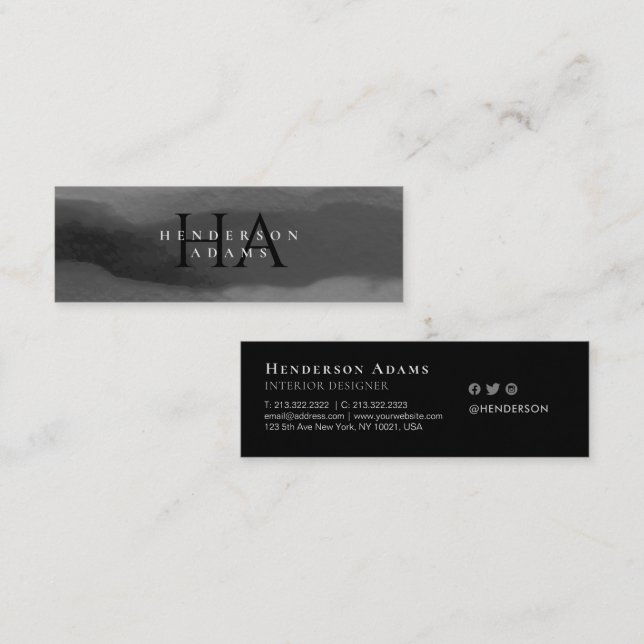 Svartvit vattenfärg Vågigt Abstrakt Monogram Mini Visitkort (Fram/baksida)