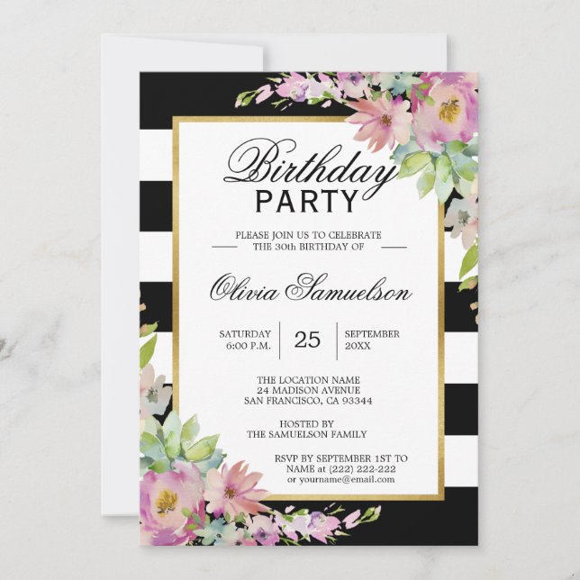 Svartvit vattenfärgsfärgad Rosa Blommigt Födelseda Inbjudningar (Framsida)
