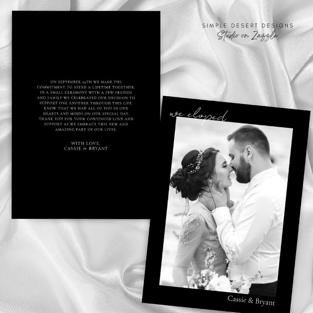 Svartvit Vi har utvecklat Elegant Modern Bröllop Meddelande (Modern Minimal Black and White We Eloped Wedding Announcement)