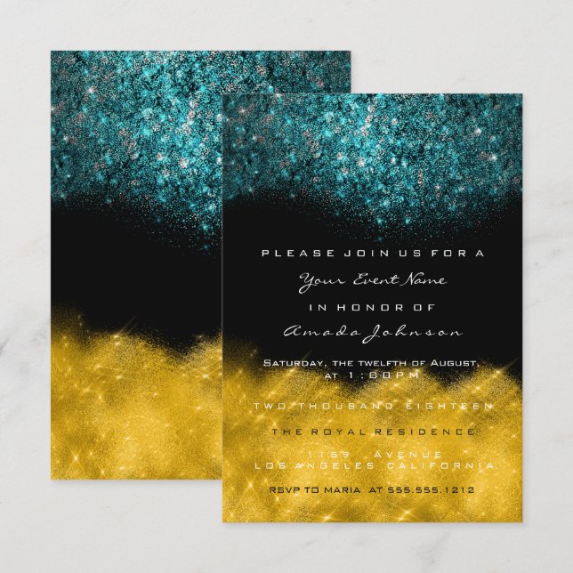 Svartvit vid abstrakt Teal Ocean Glitter, vid Svar Inbjudningar (Fram/baksida)