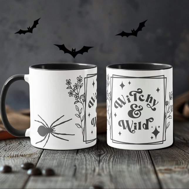 Svartvit Vild Happy halloween Mugg (Witchy and Wild retro black Happy Halloween Mug)