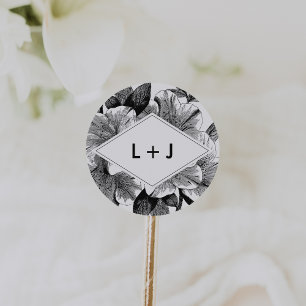 Svartvit Vintage Blommigt Bröllop Monogram Runt Klistermärke