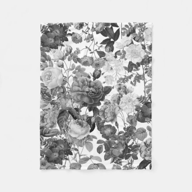 Svartvit Vintage, Blommigt Fleecefilt (Framsidan)