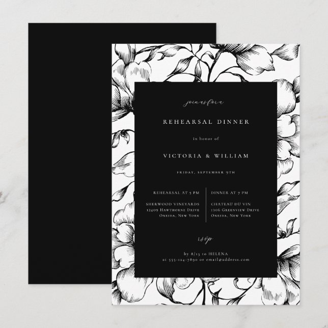 Svartvit Vintage, Blommigt, repetitionsmiddag Meddelande (Fram/baksida)