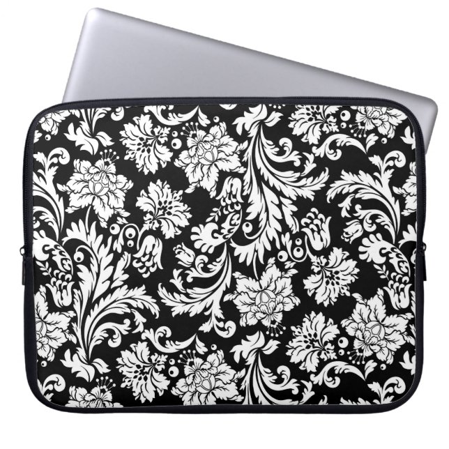 Svartvit Vintage Blommor Laptop Sleeve (Framsidan)