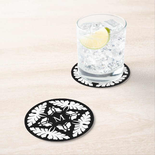 Svartvit Vintage bröllop Monogram Underlägg Papper Rund (Insitu)