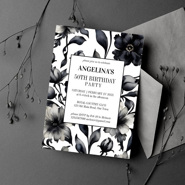 Svartvit vintage elegant födelsedagsfest inbjudningar (Black and white vintage flower elegant birthday party editable template invitation digital download )