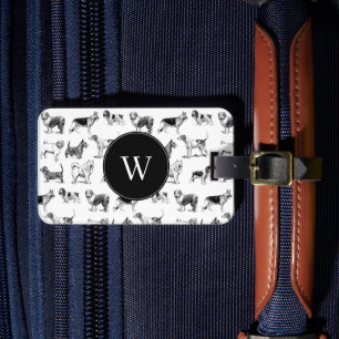 Svartvit Vintage Hundar Mönster Monogram Bagagebricka