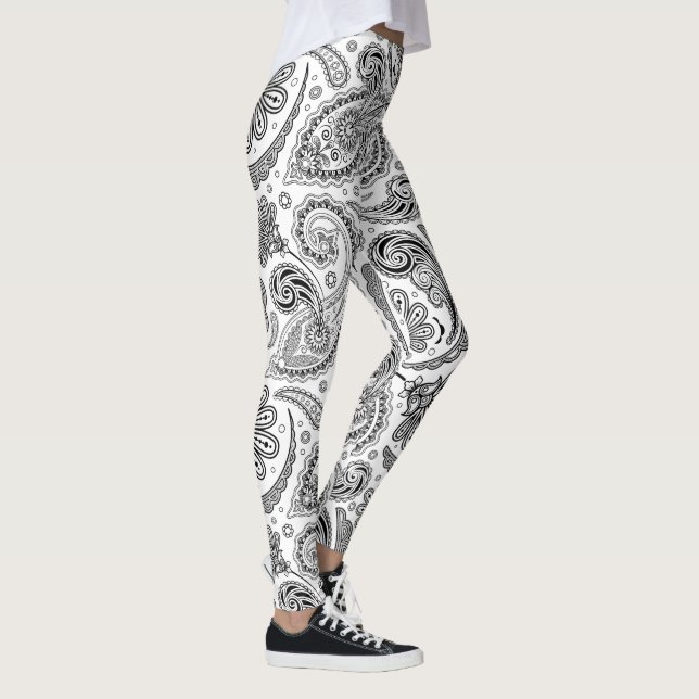 Svartvit vintage paisley mönster på vit leggings (Höger)