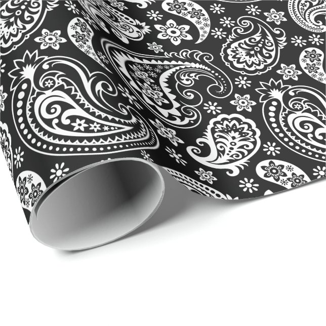 Svartvit Vintage Paisley Presentpapper (Rullad Hörn)