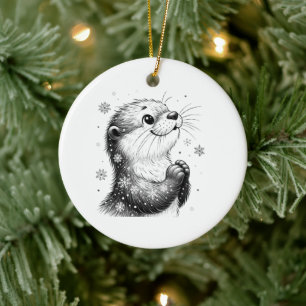 Svartvit vinter Otter Julgransprydnad Keramik