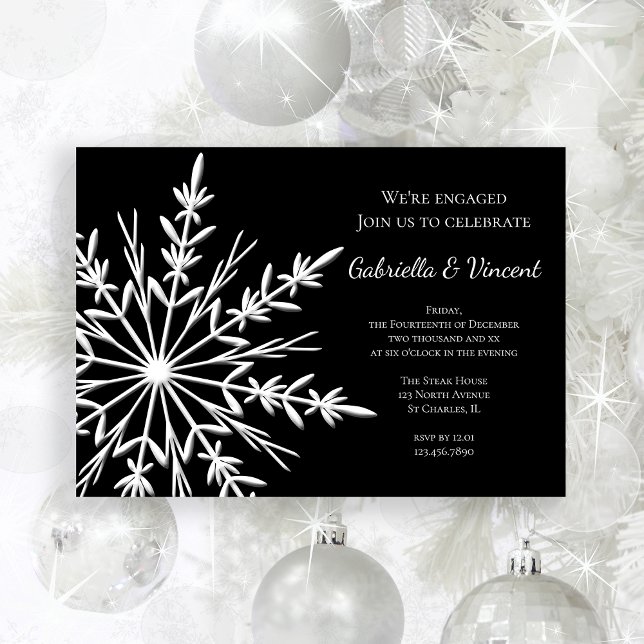 Svartvit vintersnöflingor, Förlovningsfest Inbjudningar (Celebrate your winter engagement with this festive Black and White Snowflake Party Invitation.)