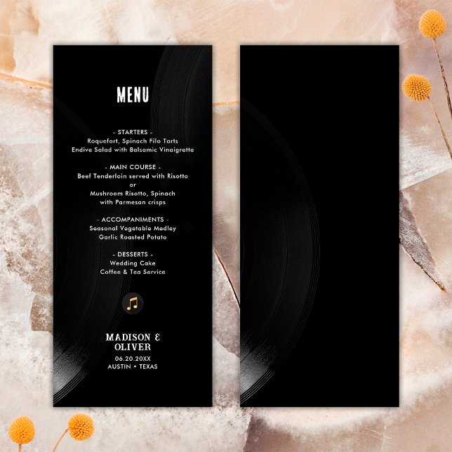 Svartvit vinylpost Bröllop Anpassade Menu Meny (Front/Back)